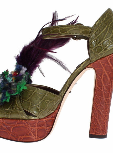 Dolce & Gabbana Green Leather Crystal Platform Sandal Shoes