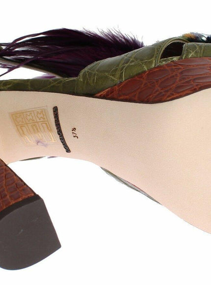 Dolce & Gabbana Green Leather Crystal Platform Sandal Shoes