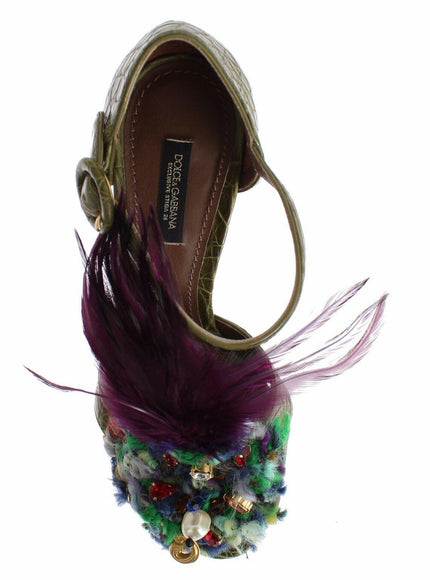 Dolce & Gabbana Green Leather Crystal Platform Sandal Shoes