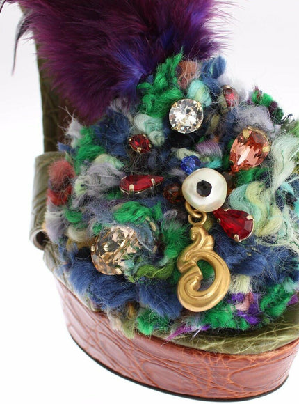 Dolce & Gabbana Green Leather Crystal Platform Sandal Shoes