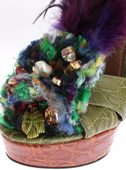 Dolce & Gabbana Green Leather Crystal Platform Sandal Shoes