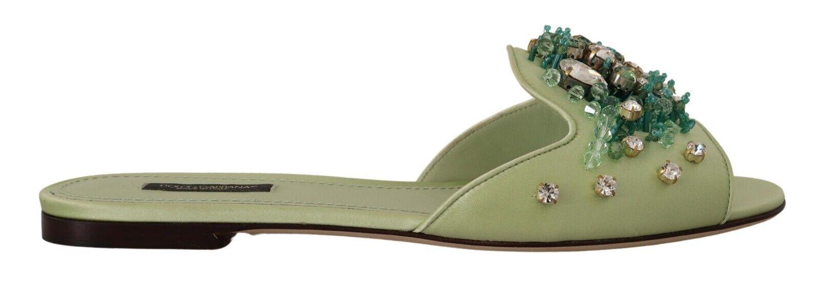 Dolce & Gabbana Green Leather Crystals Slides Women Flats Shoes - Ellie Belle