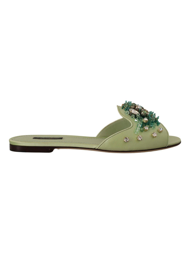 Dolce & Gabbana Green Leather Crystals Slides Women Flats Shoes - Ellie Belle