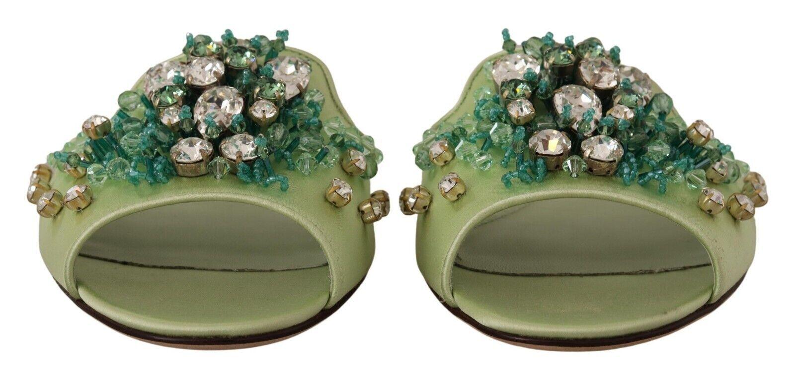 Dolce & Gabbana Green Leather Crystals Slides Women Flats Shoes - Ellie Belle