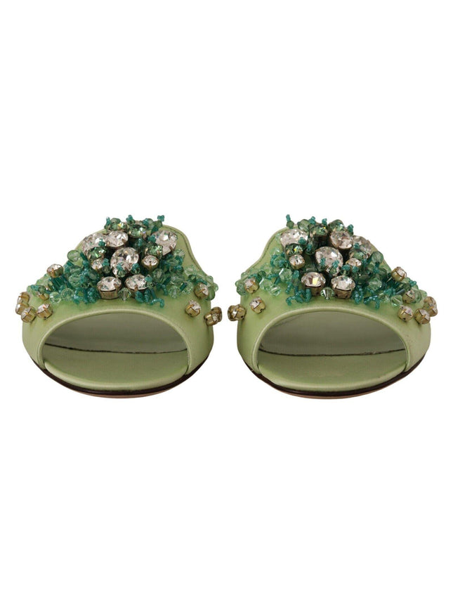 Dolce & Gabbana Green Leather Crystals Slides Women Flats Shoes - Ellie Belle