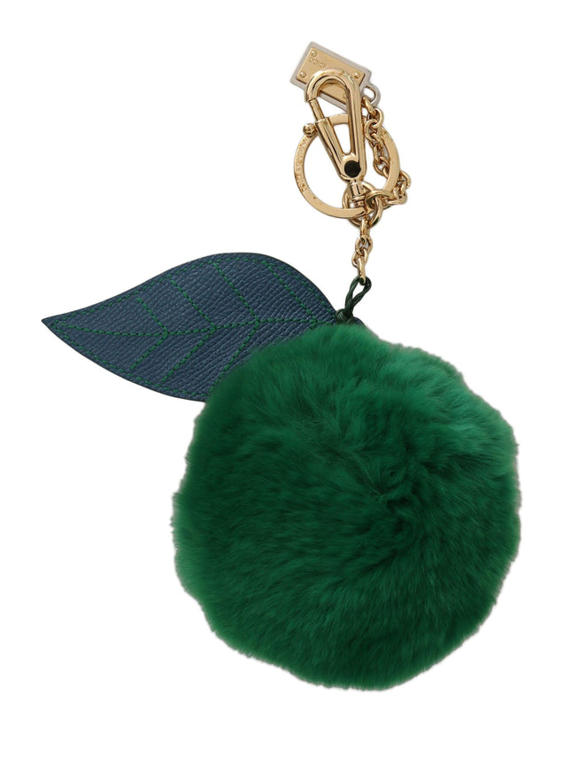 Dolce & Gabbana Green Leather Fur Gold Clasp Keyring Women Keychain - Ellie Belle