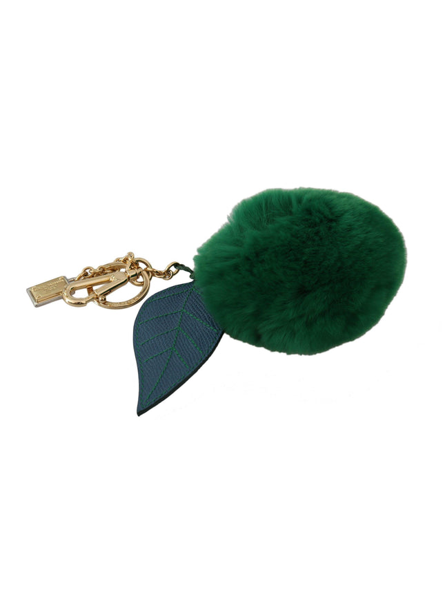 Dolce & Gabbana Green Leather Fur Gold Clasp Keyring Women Keychain - Ellie Belle