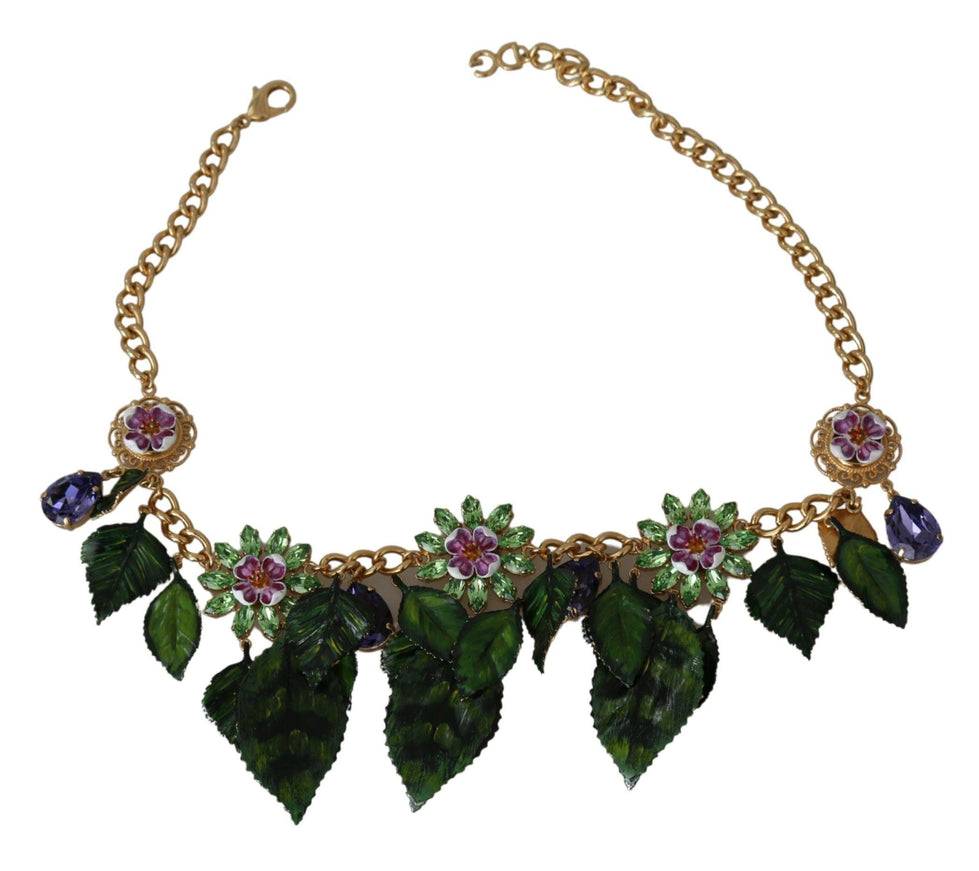 Dolce & Gabbana Green Leaves Gold Brass Crystal Flower Pendant Necklace - Ellie Belle