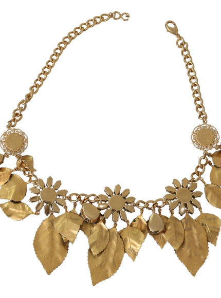 Dolce & Gabbana Green Leaves Gold Brass Crystal Flower Pendant Necklace - Ellie Belle