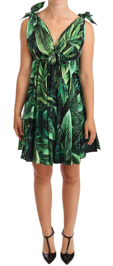 Dolce & Gabbana Green Leaves Print Cotton Flared Mini Dress - Ellie Belle