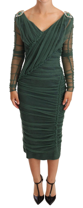 Dolce & Gabbana Green Mesh Crystal Ruched Tulle Midi Dress - Ellie Belle