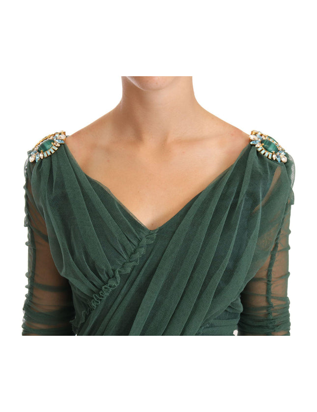 Dolce & Gabbana Green Mesh Crystal Ruched Tulle Midi Dress - Ellie Belle