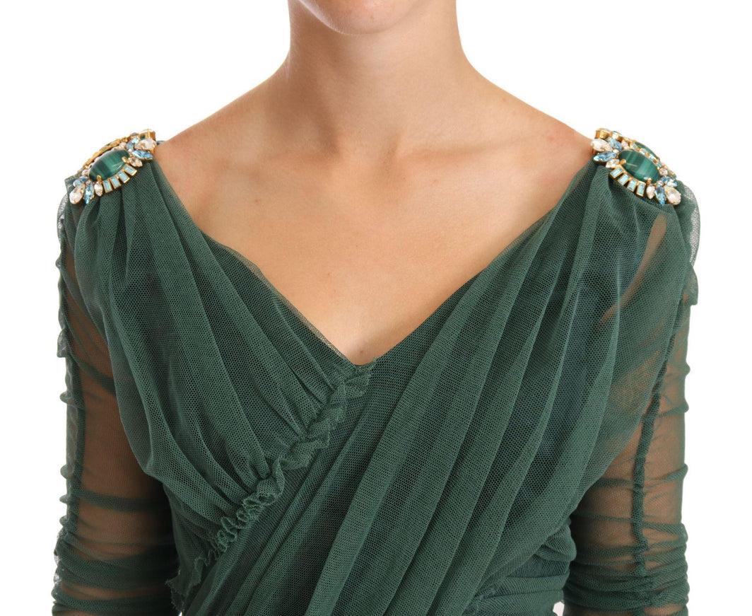 Dolce & Gabbana Green Mesh Crystal Ruched Tulle Midi Dress - Ellie Belle