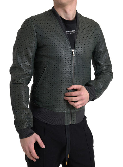 Dolce & Gabbana Green Perforated Leather Bomber Jacket