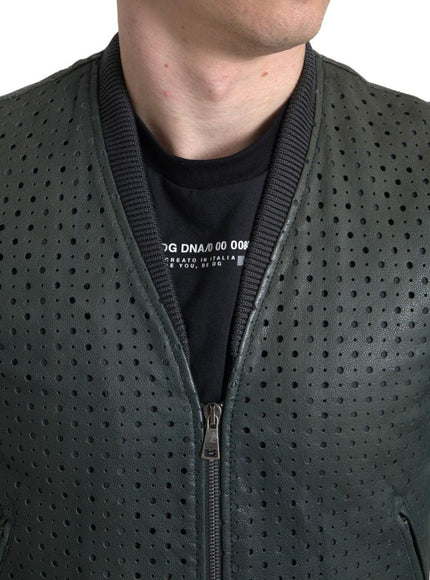 Dolce & Gabbana Green Perforated Leather Bomber Jacket