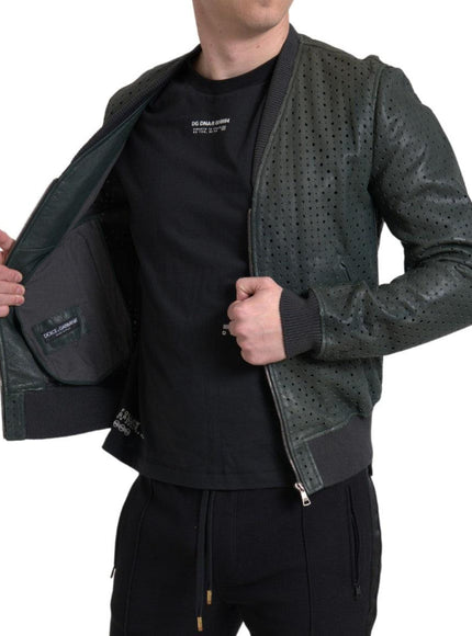 Dolce & Gabbana Green Perforated Leather Bomber Jacket