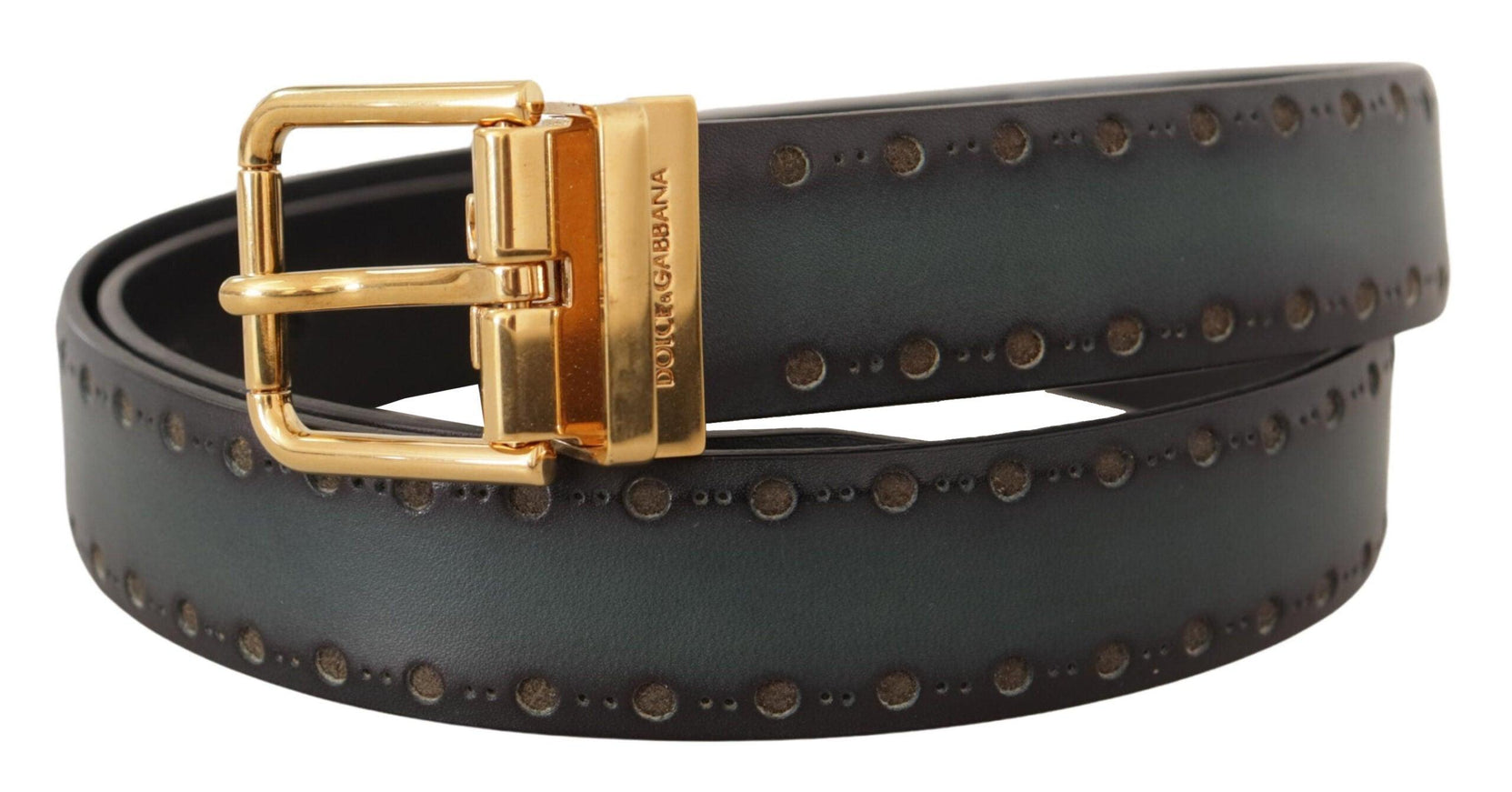 Dolce & Gabbana Green Perforated Leather Brass Metal Belt - Ellie Belle