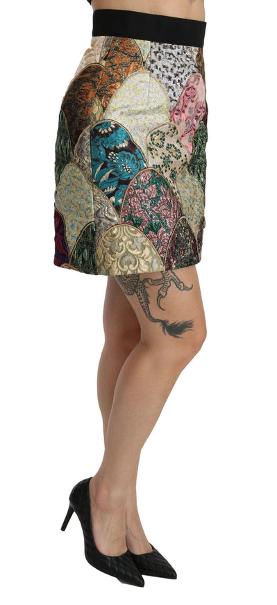 Dolce & Gabbana Green Pink Jacquard High Waist Mini Skirt