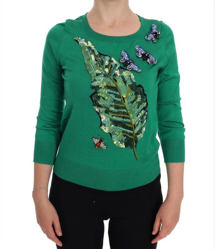 Dolce & Gabbana Green Silk Crystal Banana Sweater