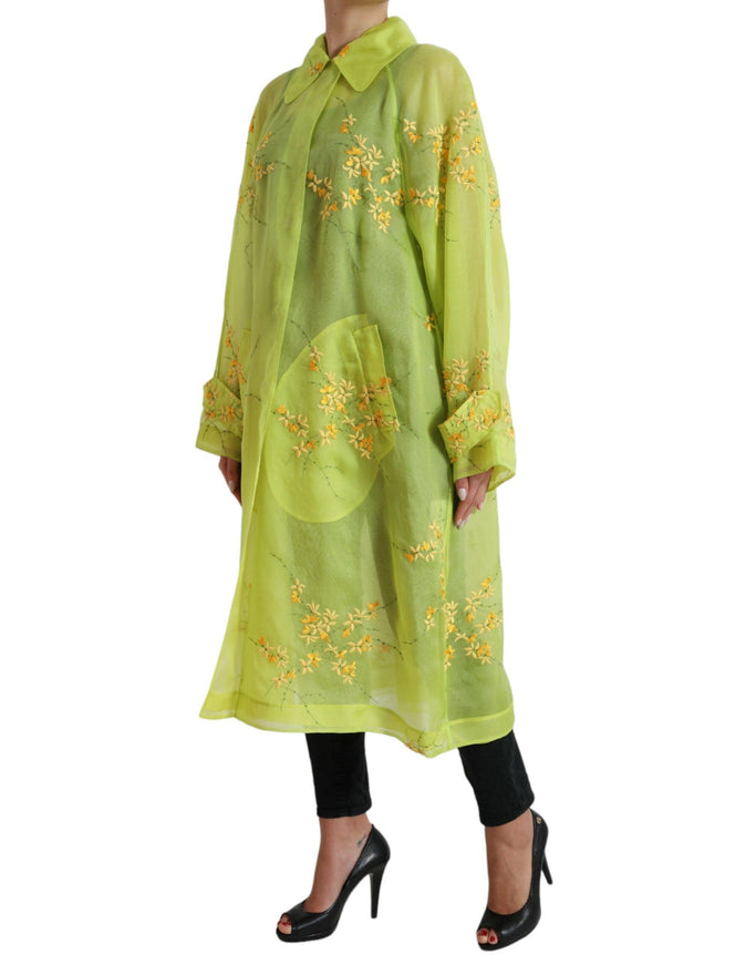 Dolce & Gabbana Green Silk Floral Embroidery Long Coat Jacket - Ellie Belle