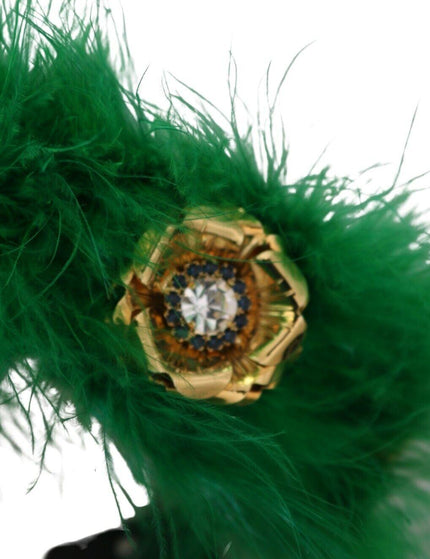 Dolce & Gabbana Green Silk Fur Crystal Flowers Tiara Headband - Ellie Belle