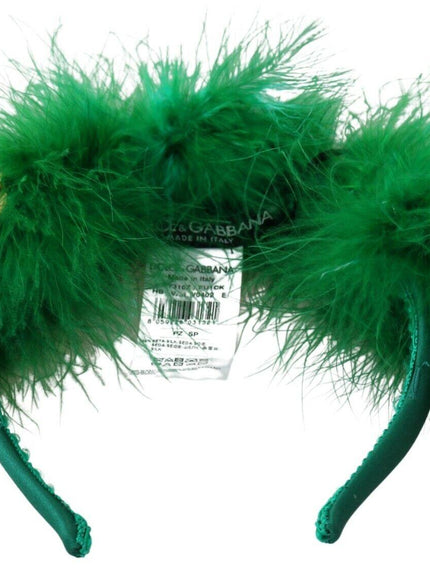 Dolce & Gabbana Green Silk Fur Crystal Flowers Tiara Headband - Ellie Belle