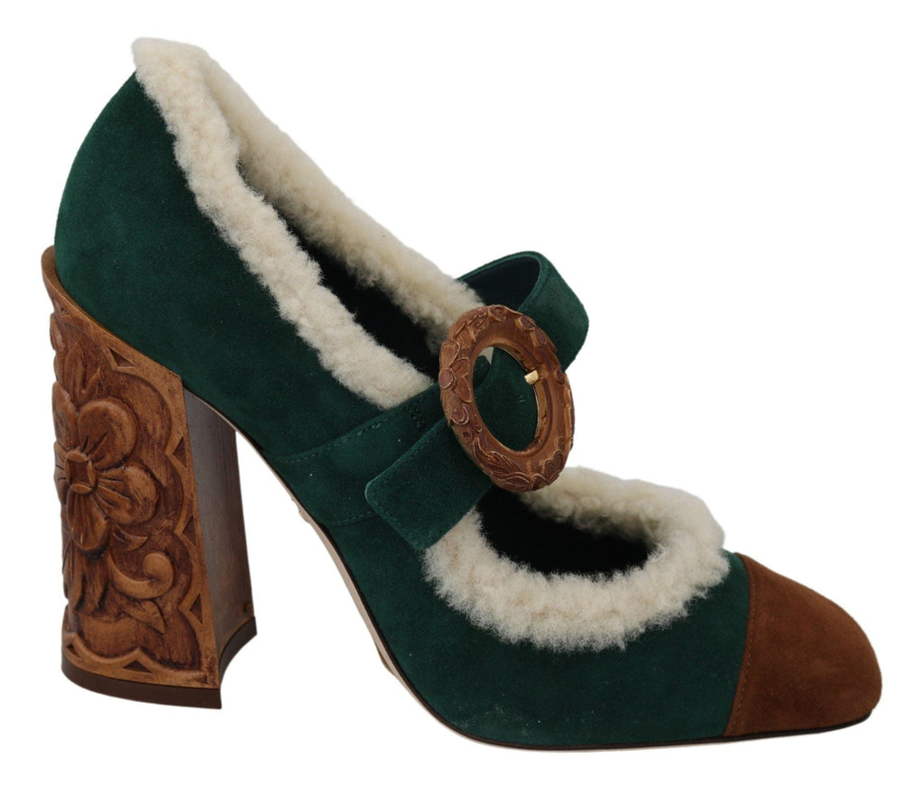 Dolce & Gabbana Green Suede Fur Shearling Mary Jane Shoes - Ellie Belle