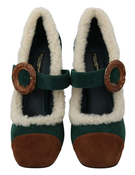 Dolce & Gabbana Green Suede Fur Shearling Mary Jane Shoes - Ellie Belle