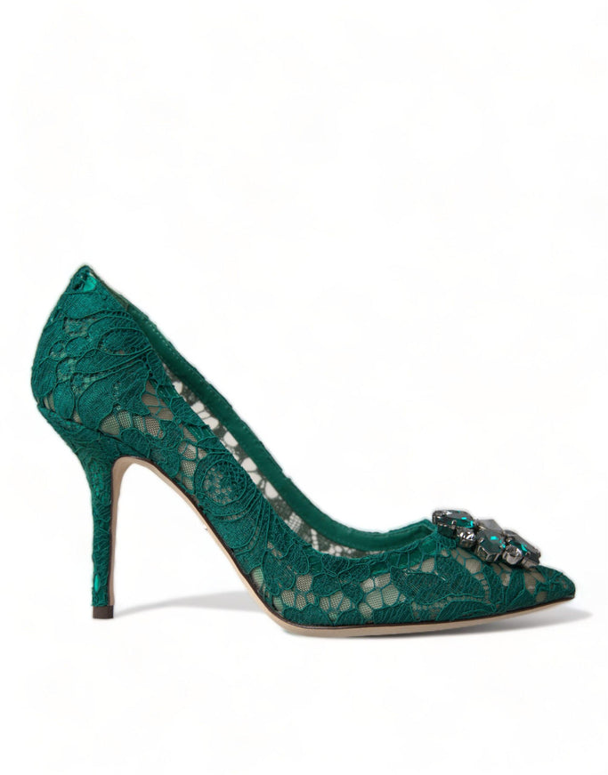 Dolce & Gabbana Green Taormina Lace Crystal Heels Pumps Shoes - Ellie Belle