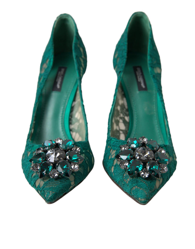 Dolce & Gabbana Green Taormina Lace Crystal Heels Pumps Shoes - Ellie Belle