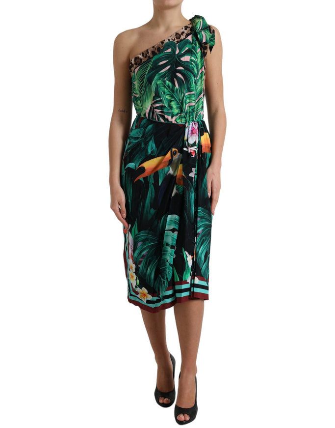 Dolce & Gabbana Green Tropical Jungle Print One Shoulder Midi Dress - Ellie Belle