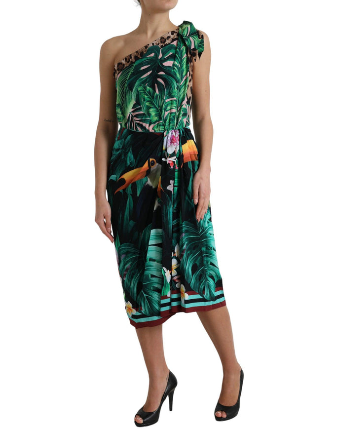 Dolce & Gabbana Green Tropical Jungle Print One Shoulder Midi Dress - Ellie Belle