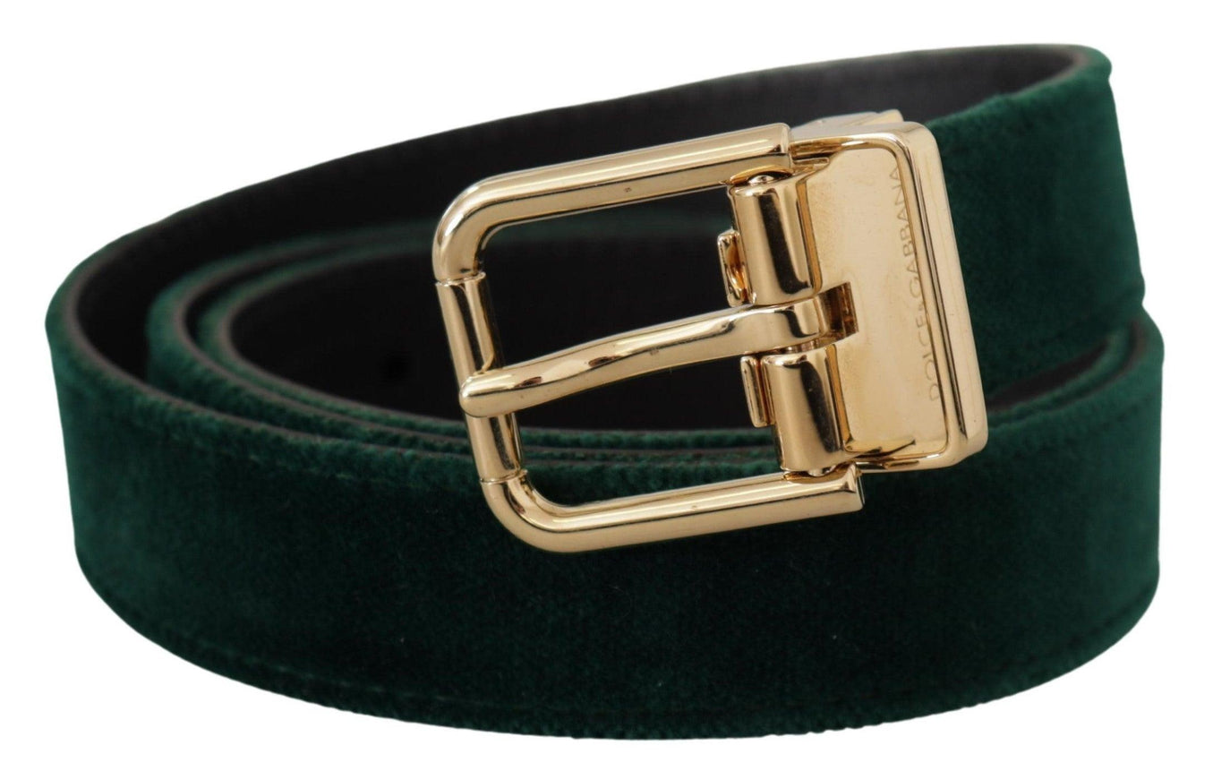 Dolce & Gabbana Green Velvet Leather Gold Metal Logo Belt - Ellie Belle