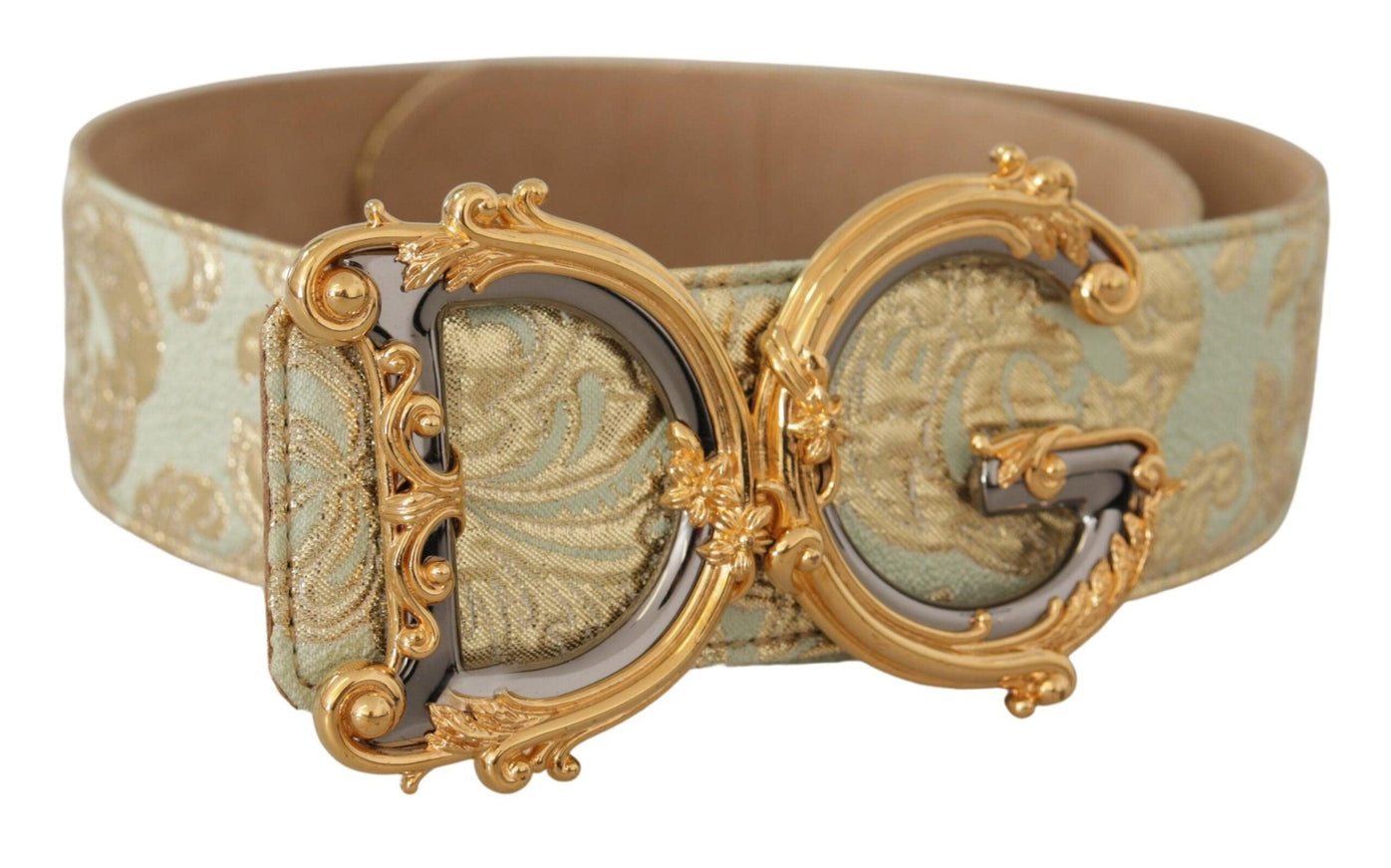 Dolce & Gabbana Green Wide Brocade Jacquard DG Logo Gold Buckle Belt - Ellie Belle