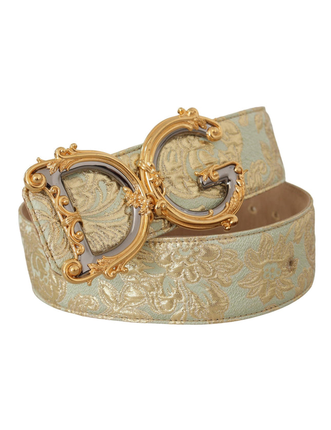 Dolce & Gabbana Green Wide Brocade Jacquard DG Logo Gold Buckle Belt - Ellie Belle