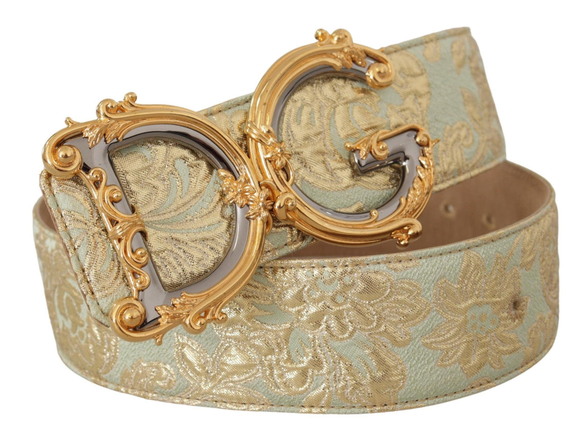 Dolce & Gabbana Green Wide Brocade Jacquard DG Logo Gold Buckle Belt - Ellie Belle