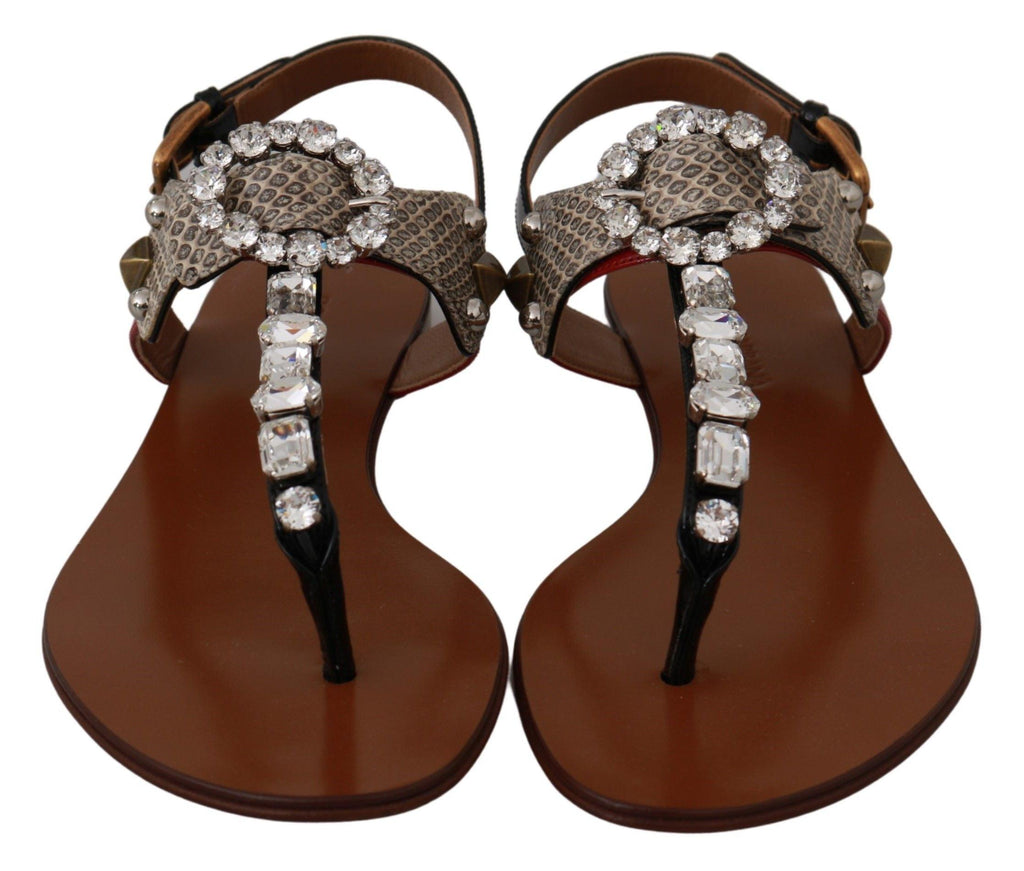 Dolce & Gabbana Leather Ayers Crystal Sandals Flip Flops Shoes - Ellie Belle