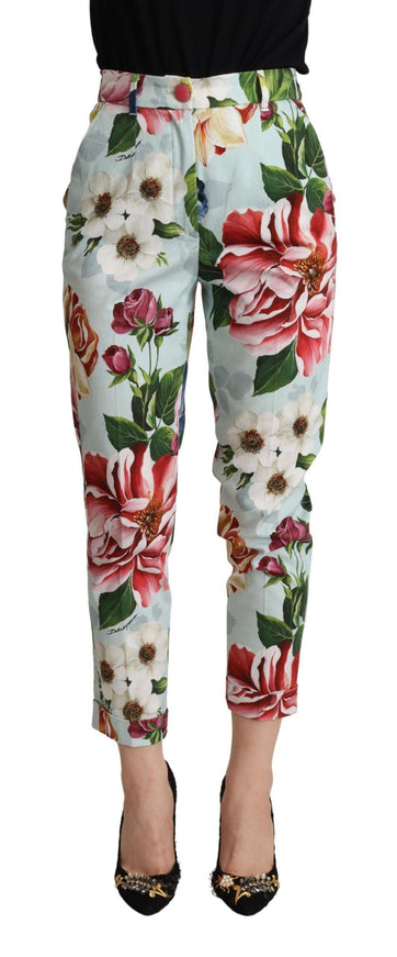 Dolce & Gabbana Light Blue Fiori Print Cotton Trouser Tapered Pants - Ellie Belle