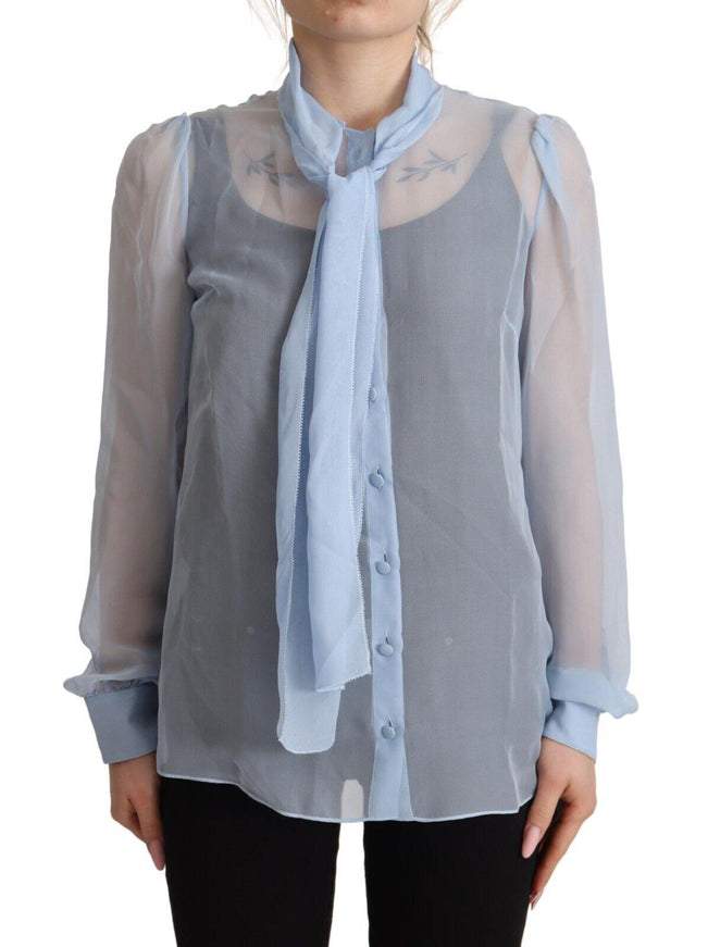 Dolce & Gabbana Light Blue Silk Ascot Collar Long Sleeves Blouse Top - Ellie Belle