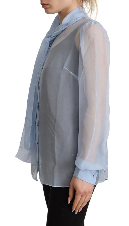 Dolce & Gabbana Light Blue Silk Ascot Collar Long Sleeves Blouse Top - Ellie Belle