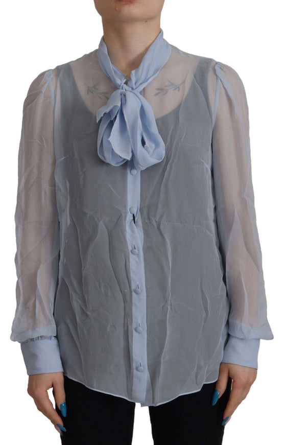 Dolce & Gabbana Light Blue Silk Ascot Collar Long Sleeves Top - Ellie Belle