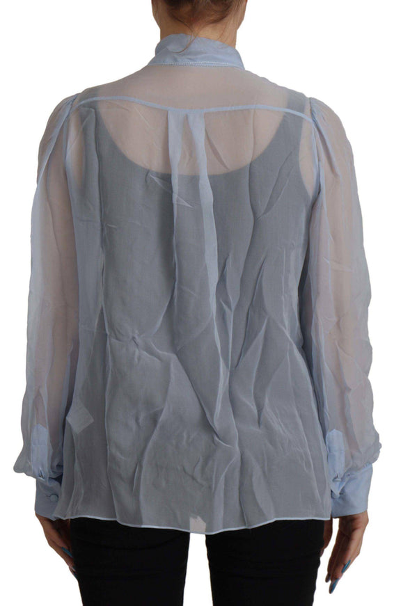 Dolce & Gabbana Light Blue Silk Ascot Collar Long Sleeves Top - Ellie Belle