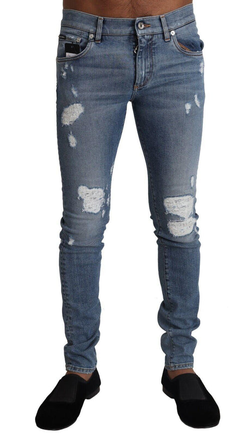 Dolce & Gabbana Light Blue Tattered Cotton Denim Skinny Jeans - Ellie Belle