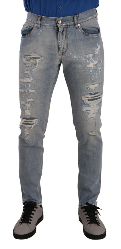 Dolce & Gabbana Light Blue Tattered Cotton Regular Denim Jeans - Ellie Belle