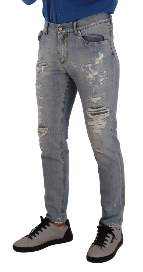 Dolce & Gabbana Light Blue Tattered Cotton Regular Denim Jeans - Ellie Belle