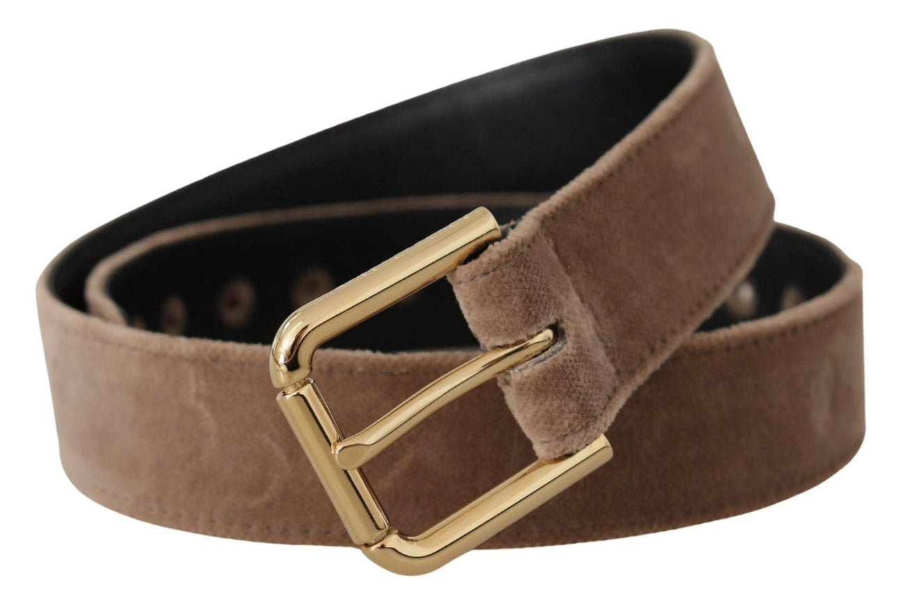 Dolce & Gabbana Light Brown Velvet Gold Tone Logo Metal Buckle Belt - Ellie Belle