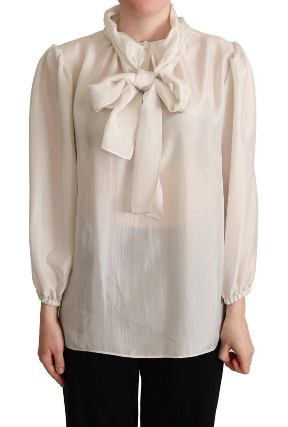 Dolce & Gabbana Light Gray Ascot Collar Shirt Silk Blouse Top - Ellie Belle