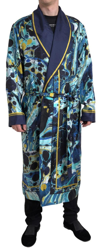 Dolce & Gabbana Marble Blue Silk Waist Belt Robe Sleepwear - Ellie Belle