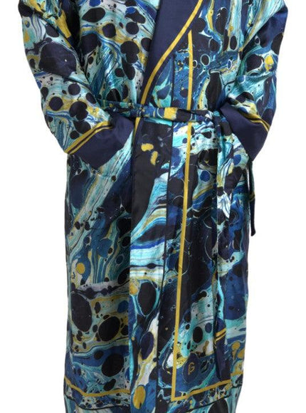 Dolce & Gabbana Marble Blue Silk Waist Belt Robe Sleepwear - Ellie Belle