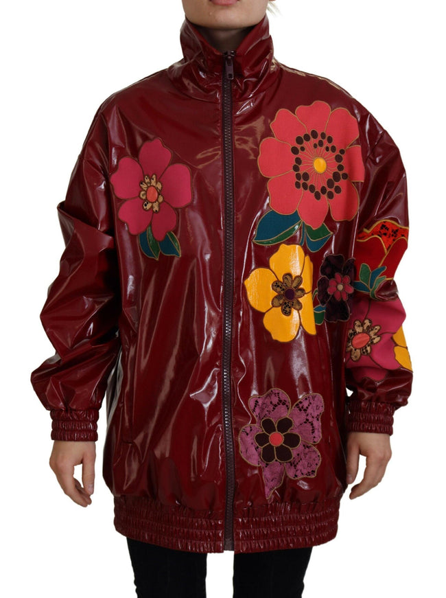 Dolce & Gabbana Maroon Floral Full Zip Polyester Women Jacket - Ellie Belle